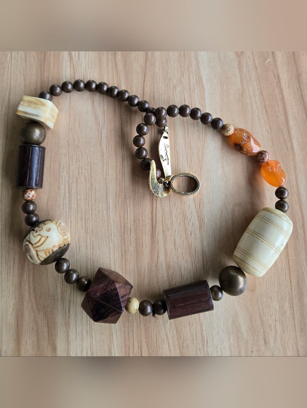 Vintage Lee Sands Necklace 1980s Natural Stone Wood Bone Tribal Boho Statement